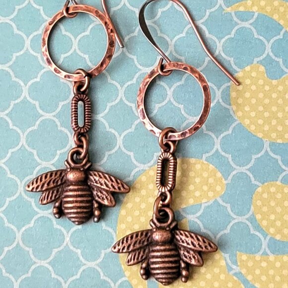 HONEY BEE Copper Charm Earrings Brass Hook Ear wires Bumble Bee, Insect - Picture 7 of 10